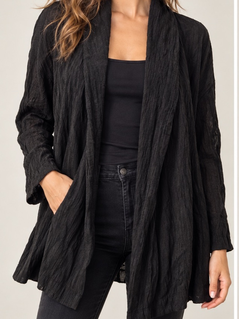 Zara Black Crinkle Draped Open Front Cardigan M L